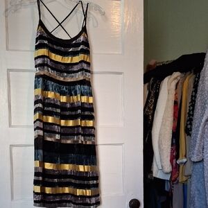 Wolven Velvet Striped Mini Dress - Black, Yellow, Gray